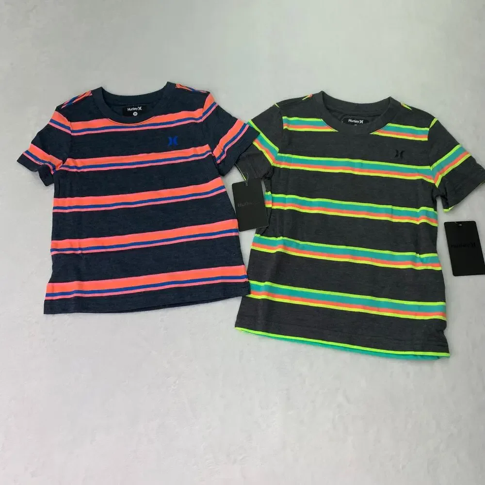 NWT Hurley Boys Size 3T Lot of 2 Neon Pink Yellow Green Orange Striped T-Shirts